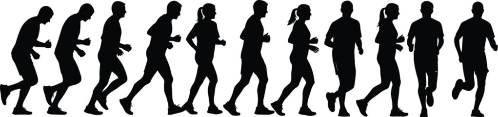 Group of running silhouettes, marathon runners line, jogging people set, vector illustration isolated on white, sport fitness background, active lifestyle concept