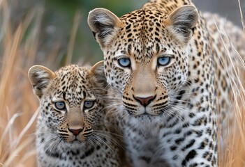Fototapeta premium a leopard and her cub walking through the grass