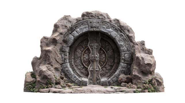 Ancient stone door isolated on transparent background, weathered and mysterious