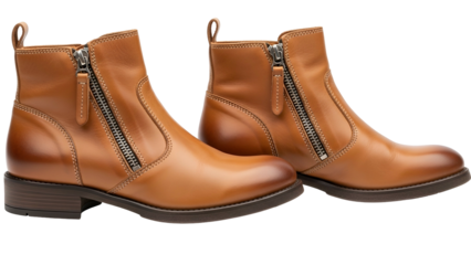 Pair of brown leather ankle boots with zippers, side-by-side, glossy finish, and dark soles
