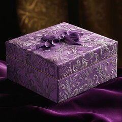 A rich violet backdrop adds atmosphere, making the box appear elegant and premium.
