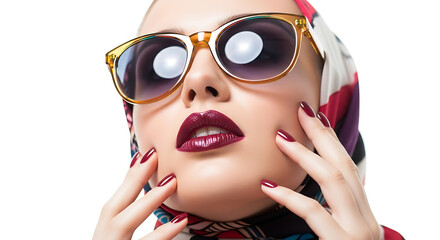 Woman wearing large gold framed sunglasses and colorful headscarf