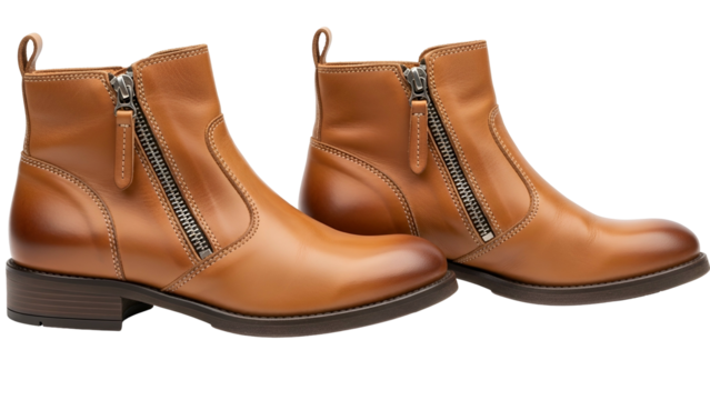 Pair of brown leather ankle boots with zippers, side-by-side, glossy finish, and dark soles