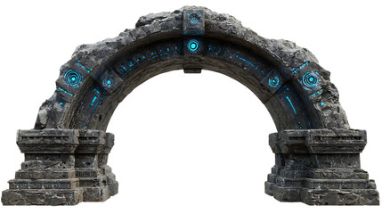 Fantasy stone archway with glowing blue runes isolated on transparent background