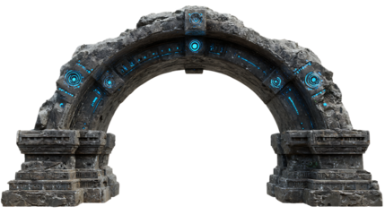 Fantasy stone archway with glowing blue runes isolated on transparent background