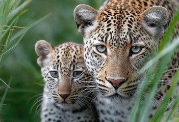 Naklejka premium a leopard and her cub walking through the grass