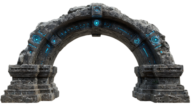 Fantasy stone archway with glowing blue runes isolated on transparent background