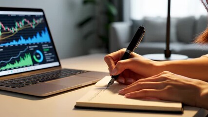 Female trader monitoring financial charts on a laptop screen while taking notes with a fountain pen in a notebook. Professional investor working on a trading strategy in her office at night - Powered by Adobe