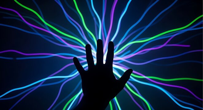 Digital Touch: Hand Interacting with Glowing Energy Lines - Powered by Adobe