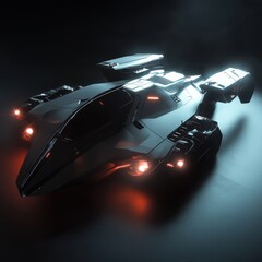 A sleek advanced vehicle built with angular geometric shapes and hovering engine cores emitting soft light