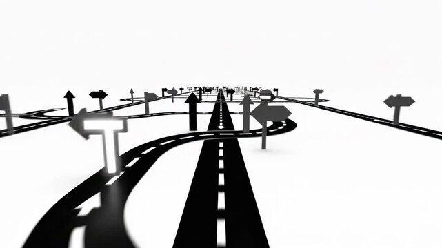Conceptual black and white animation showing a single road that multiplies into numerous paths and confusing signs. Symbolizing the complexity of decision making. Choice paralysis. And life's journey