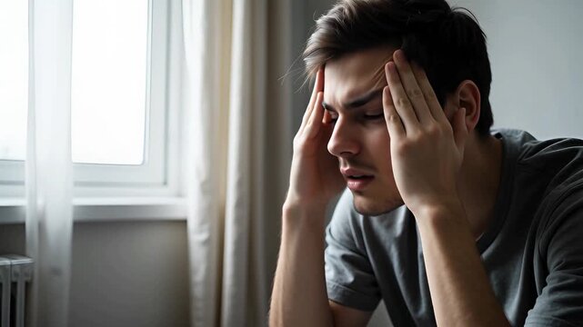 Worried young man feeling stressed and overwhelmed with head in hands, capturing emotional struggle and mental health challenges