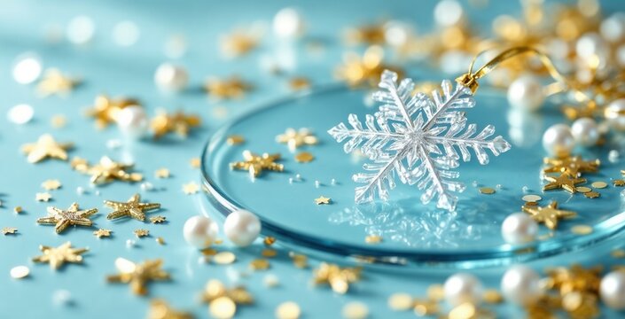 A close-up of a crystal snowflake Christmas ornament on a blue background. Festive holiday decoration with gold stars and pearls. Winter celebration concept - Powered by Adobe