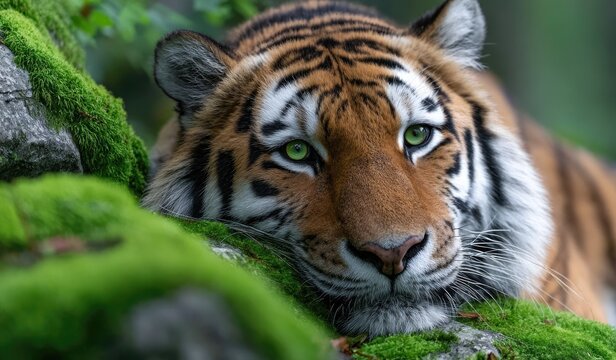 a majestic tiger lounging on moss-covered rocks, its eyes piercing through the misty forest backdrop. - Powered by Adobe