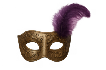 Venetian masquerade mask with intricate gold ornaments and purple feather creating a mysterious festive atmosphere on transparent background