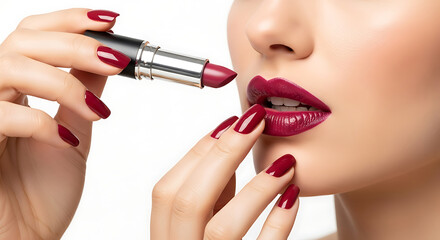 Naklejka premium Woman applying deep red lipstick with matching nails 1