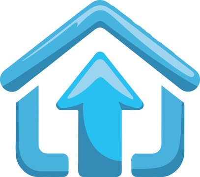Blue vector icon of a house with an upward arrow signifying upload or return home concept