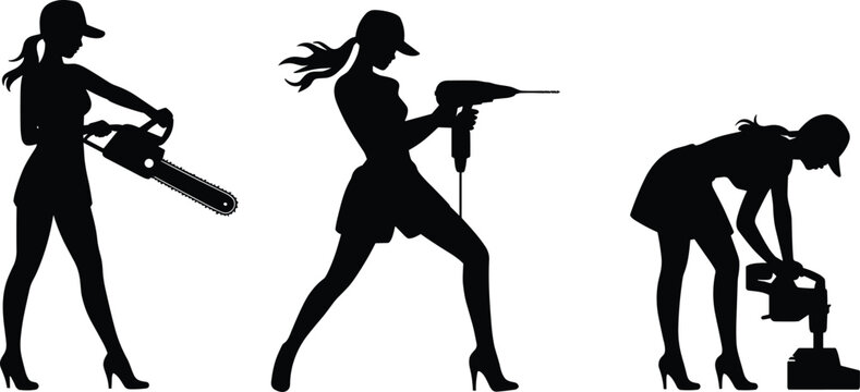 Silhouette set of women using power tools including chainsaw, drill and sander, representing construction, labor, strength and industry themes