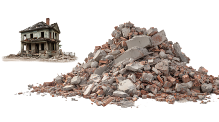 Pile of rubble with a ruined house isolated on transparent background