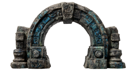 Ancient stone archway isolated on transparent background with weathered carvings