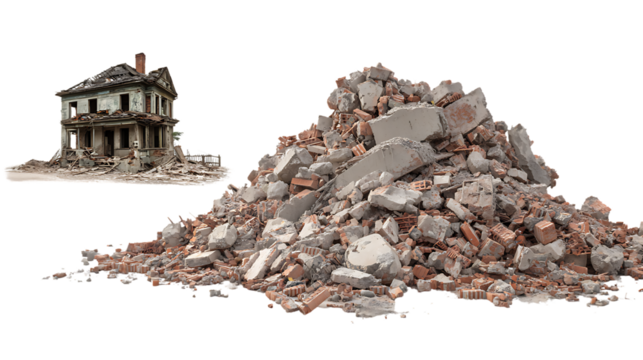 Pile of rubble with a ruined house isolated on transparent background