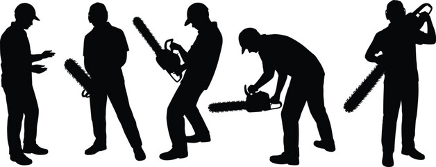Silhouette set of workers holding and using chainsaws in various poses, perfect for construction, forestry, safety themes and industrial design projects