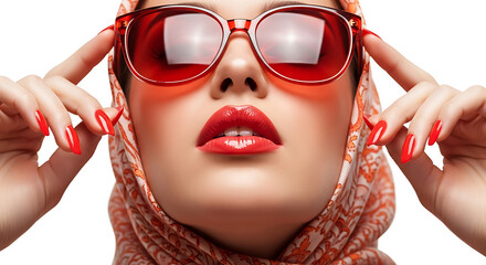 Woman with red sunglasses and red lipstick red nails