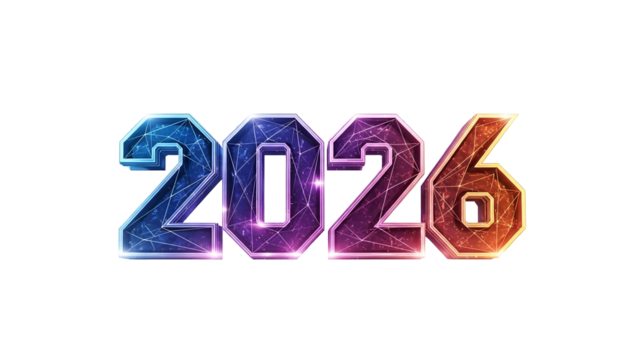 Bold, 3D text spells "2026" with a gradient color scheme against a black backdrop