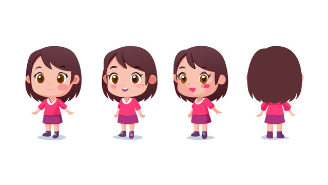 Cute cartoon girl character model sheet with different views emotions poses and expressions happy sad surprised walking standing design asset for animation video game comic book .vector icon