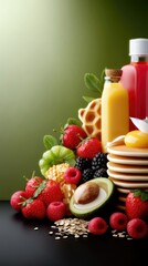 A vibrant still life arrangement featuring a variety of fresh fruits like strawberries, raspberries, blackberries, and kiwi, alongside a halved avocado, oatmeal