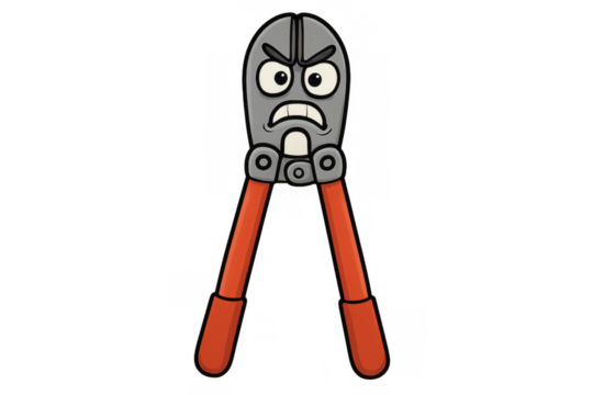 Angry bolt cutter cartoon character showing frustration, a strong tool with orange handles expressing rage, transparent background