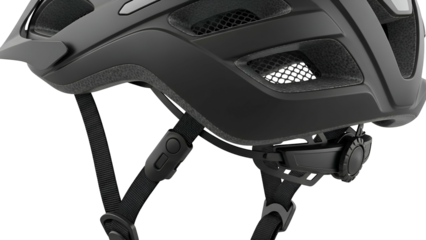 Close-up of a matte black bicycle helmet with ventilation and adjustable straps