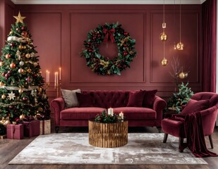 Elegant Christmas living room with burgundy décor, festive tree, and wreath