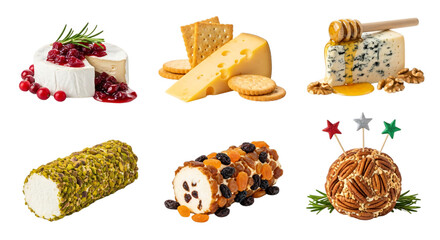 Gourmet cheese and appetizer collection various types of cheese with crackers, fruits, and nuts, isolated on transparent background