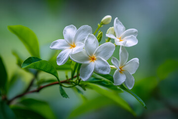 Naklejka premium Delicate white flowers with soft yellow centers blooming on green leafy branches in a serene natural garden setting with blurred background effects
