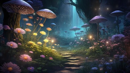 Enchanted forest pathway with glowing mushrooms and flowers leading towards a mystical light source. - Powered by Adobe