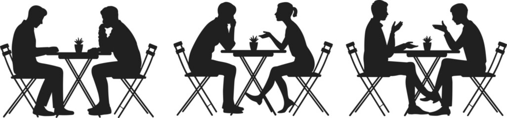 Couple Sitting at Cafe Table Silhouette Vector Set, People Discussing, Thinking, and Communicating Icons for Social Interaction Graphics.