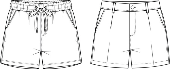 Men's shorts technical drawing set, elastic waistband drawstring trunks and tailored chino shorts, front view, cad drawing flat vector illustration.
