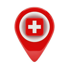 Fototapeta premium Glossy red location pin features a white cross symbol inside a square graphic.