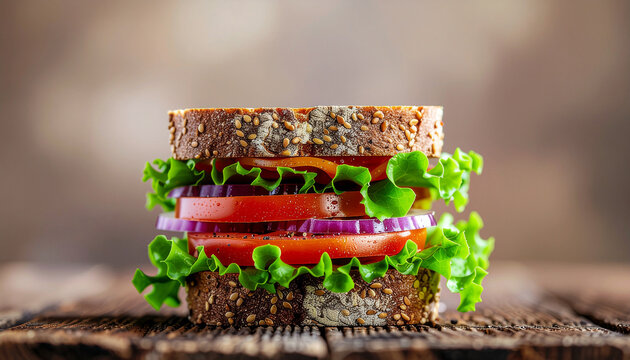 A close-up of a tall sandwich with lettuce, tomato, and red onion on seeded whole wheat bread, presented on a wooden surface. - Powered by Adobe