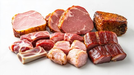 Selection of cured meats including ham, beef fillet, and smoked pork loin on clean white backdrop for food blogs, catering services, and stock photography