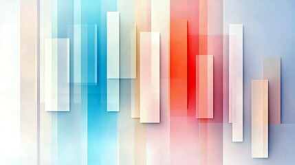Obraz premium Geometric shapes including rectangles and vertical stripes in a gradient of blue, red, and white, creating an abstract background with soft lighting.