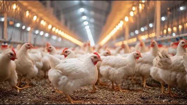 White Chickens Feeding in Modern Poultry Farm
