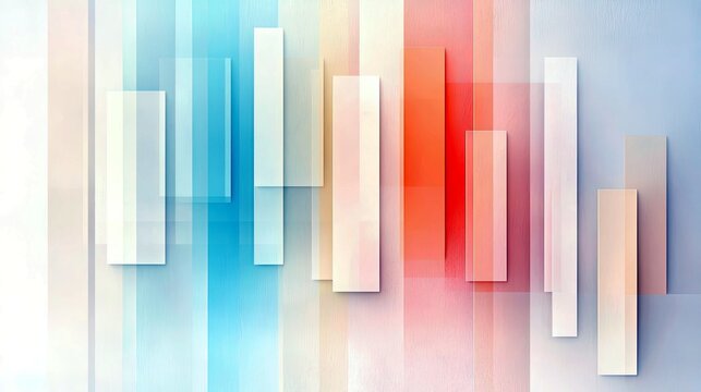 Geometric shapes including rectangles and vertical stripes in a gradient of blue, red, and white, creating an abstract background with soft lighting.
