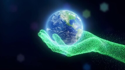 Earth held in glowing green hands