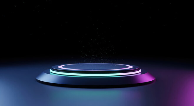 Futuristic Neon Podium with Glowing Lights and Particles stage platform