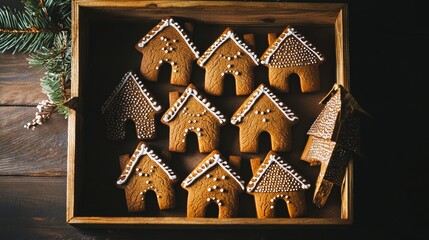 Christmas gingerbread cookies arranged in wooden box on white background for gift guides, festive catering, and holiday social media content