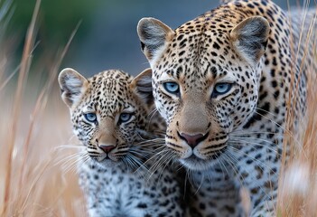 Naklejka premium a leopard and her cub walking through the grass