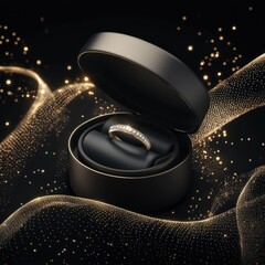 An elegant open box containing a ring, set against a deep black studio background enriched with luminous gold tech patterns