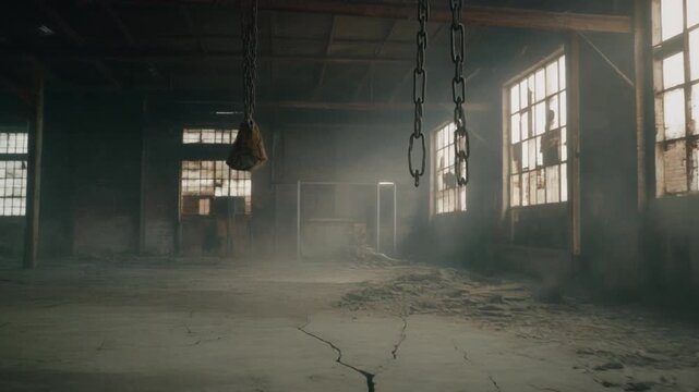 Old abandoned urban factory building interior architecture with grunge concrete walls and dark light through empty window